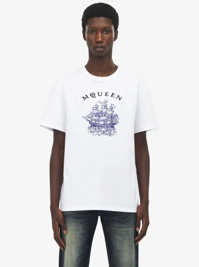 Alexander Mcqueen White Crewneck T-shirt With Logo Print On The Front In Cotton Man