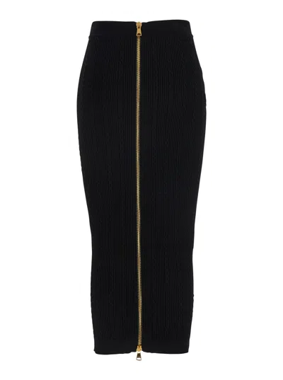 Balmain Black Viscose Blend Ribbed Knit Midi Skirt In Black