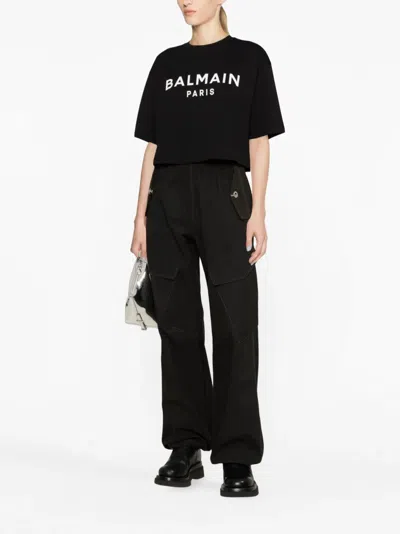 Balmain Cropped T-shirt With Print In Black