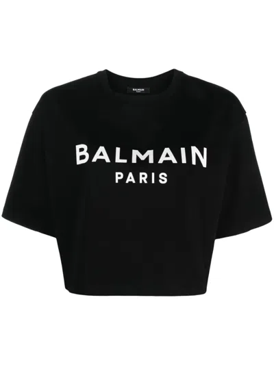 Balmain Cropped T-shirt With Print In Black