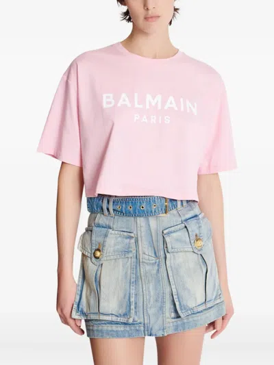 Balmain Cropped Logo Screen Print Tee
