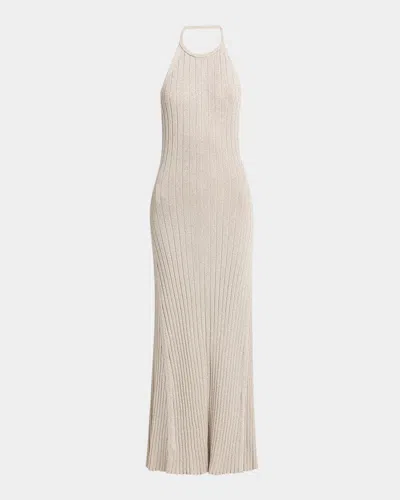 Tom Ford Lurex Rib Halter Neck Long Dress In Neutral