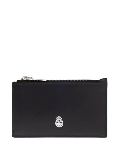 Alexander Mcqueen Skull Print Leather Zip Cardholder In Black
