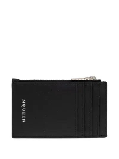 Alexander Mcqueen Skull Print Leather Zip Cardholder In Black