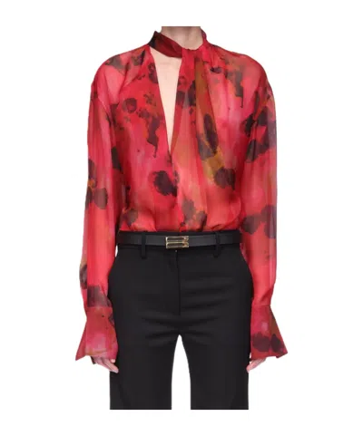 Victoria Beckham Womens Drape Abstract-print Silk Blouse Raspberry In Red