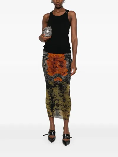 Jean Paul Gaultier Mesh Skirt With Graphic Print Overlay In Multi