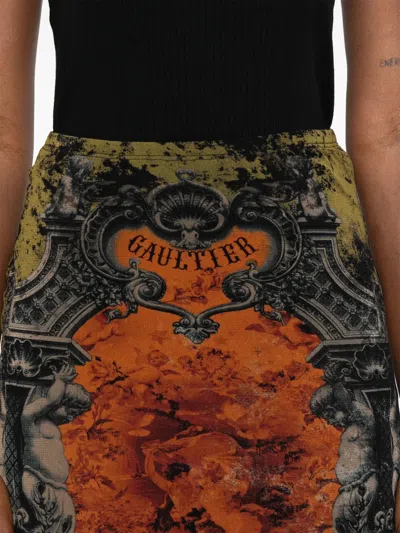 Jean Paul Gaultier Mesh Skirt With Graphic Print Overlay In Multi