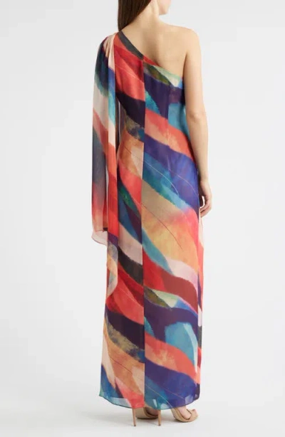 Vince Camuto Abstract Stripe One-shoulder Chiffon Gown In Multi