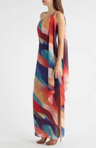 Vince Camuto Abstract Stripe One-shoulder Chiffon Gown In Multi