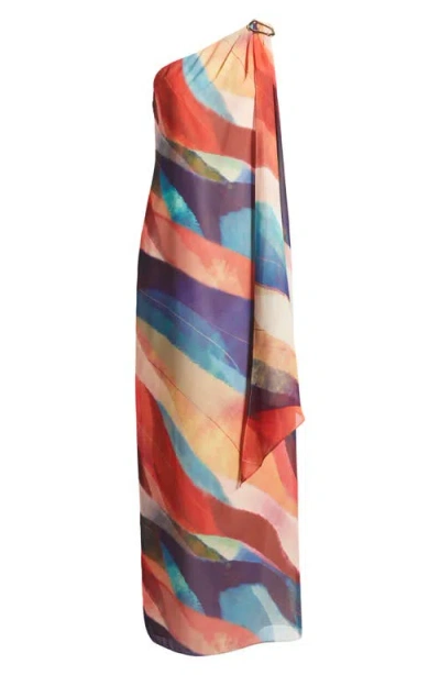 Vince Camuto Abstract Stripe One-shoulder Chiffon Gown In Multi