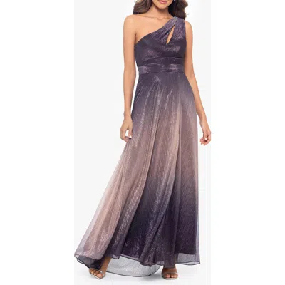 Betsy & Adam "nicoletta" Long Ombre Crinkle Metallic One Shoulder Dress In Purple