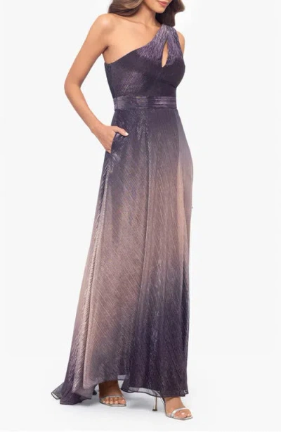 Betsy & Adam "nicoletta" Long Ombre Crinkle Metallic One Shoulder Dress In Purple