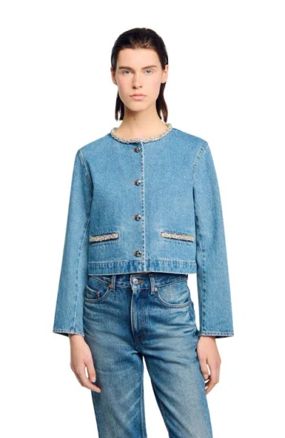 Sandro Rhinestone Denim Jacket In Blue