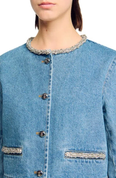 Sandro Rhinestone Denim Jacket In Blue