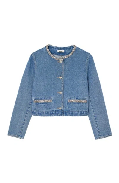 Sandro Rhinestone Denim Jacket In Blue