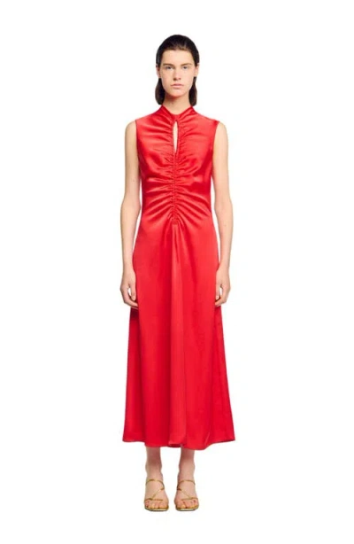 Sandro Womens Red Cut-out Draped Satin Midi Dress
