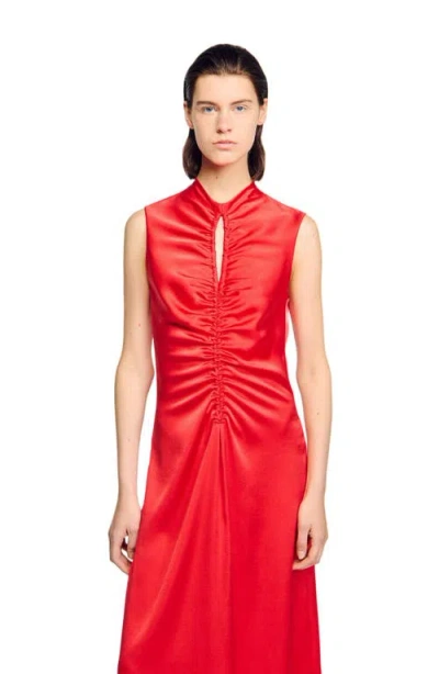 Sandro Womens Red Cut-out Draped Satin Midi Dress