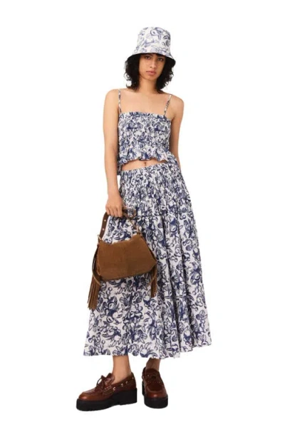 Maje Womens Blue Fruits Print Fruit-print Smocked-waist Cotton Maxi Skirt