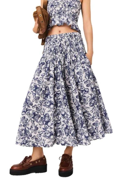 Maje Womens Blue Fruits Print Fruit-print Smocked-waist Cotton Maxi Skirt