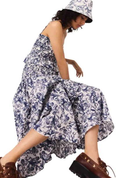 Maje Womens Blue Fruits Print Fruit-print Smocked-waist Cotton Maxi Skirt