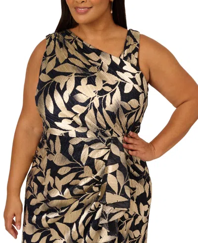 Adrianna Papell Plus Size Foil-print Asymmetric Gown In Multi