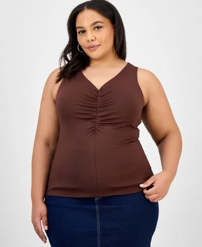 Bar Iii Trendy Plus Size Ruched V-neck Tank Top, Exclusively At Macy's In Brown