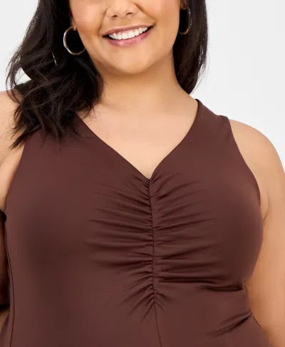Bar Iii Trendy Plus Size Ruched V-neck Tank Top, Exclusively At Macy's In Brown