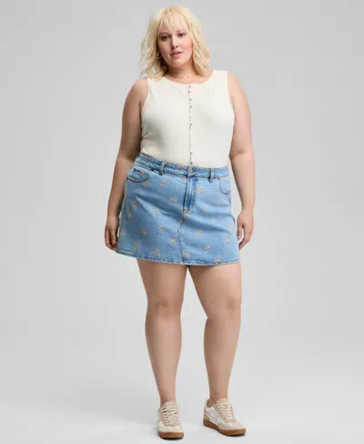And Now This Now This Trendy Plus Size Button Front Tank Top Floral Embroidered Denim Skirt Exclusively At Macys In Blue