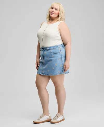 And Now This Now This Trendy Plus Size Button Front Tank Top Floral Embroidered Denim Skirt Exclusively At Macys In Blue