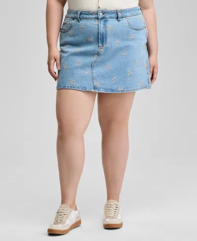 And Now This Now This Trendy Plus Size Button Front Tank Top Floral Embroidered Denim Skirt Exclusively At Macys In Blue