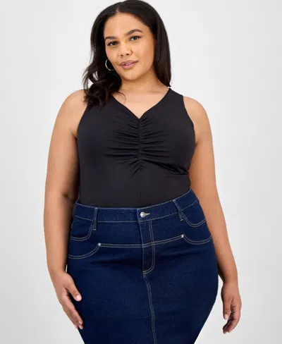Bar Iii Trendy Plus Size Ruched V-neck Tank Top, Exclusively At Macy's In Black