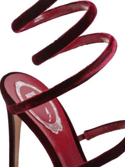René Caovilla Spiral Design Velvet Heels With Ankle Wrap In Burgundy