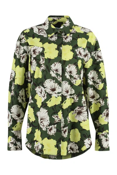 Msgm Cotton Shirt With Floral Print And Collar In Green