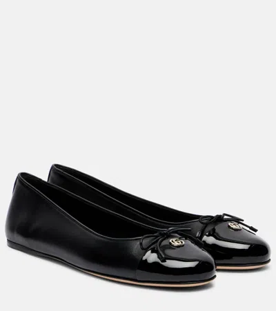 Gucci Women Leather Ballerinas With Patent Leather Detail In Black