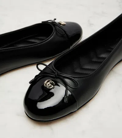 Gucci Women Leather Ballerinas With Patent Leather Detail In Black