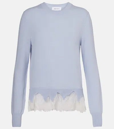 Alexander Mcqueen Lace-trimmed Wool And Cashmere-blend Sweater In Blue