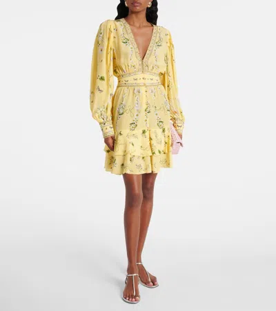 Camilla Daisy Chains Button Front Long Sleeve Silk Minidress In Yellow