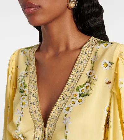 Camilla Daisy Chains Button Front Long Sleeve Silk Minidress In Yellow