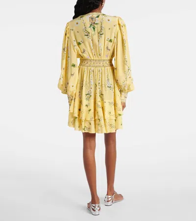 Camilla Daisy Chains Button Front Long Sleeve Silk Minidress In Yellow