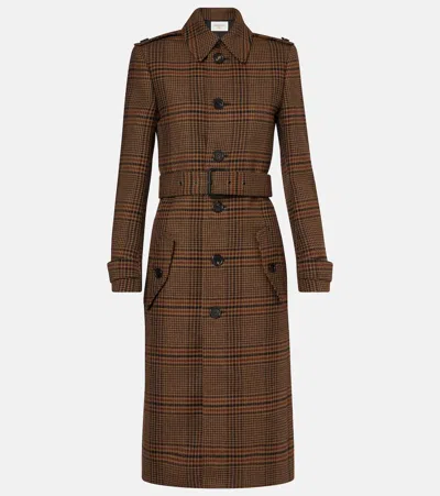 Saint Laurent Long Coat In Prince Of Wales Wool In Brown