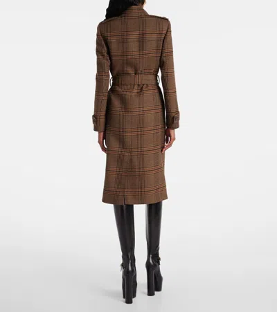 Saint Laurent Long Coat In Prince Of Wales Wool In Brown