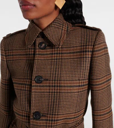 Saint Laurent Long Coat In Prince Of Wales Wool In Brown