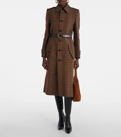 Saint Laurent Long Coat In Prince Of Wales Wool In Brown
