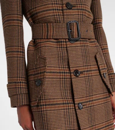 Saint Laurent Long Coat In Prince Of Wales Wool In Brown