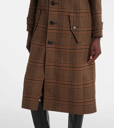 Saint Laurent Long Coat In Prince Of Wales Wool In Brown