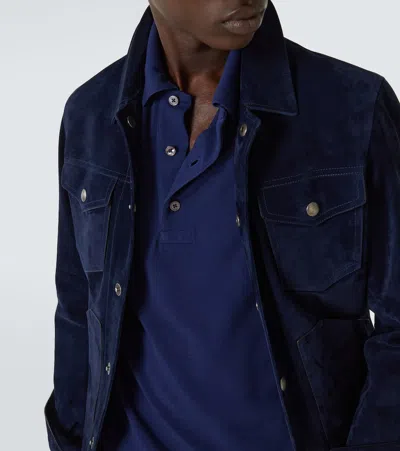 Tom Ford Textured Finish Navy Polo With Front Button Placket In Blue
