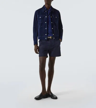 Tom Ford Textured Finish Navy Polo With Front Button Placket In Blue