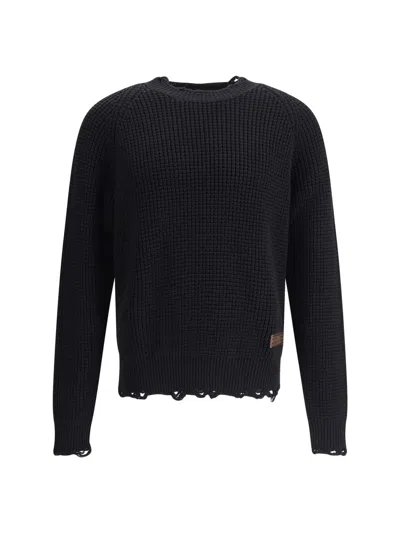 Dsquared2 Textured Knit Sweater With Raw Hem And Distressed Detailing In Black