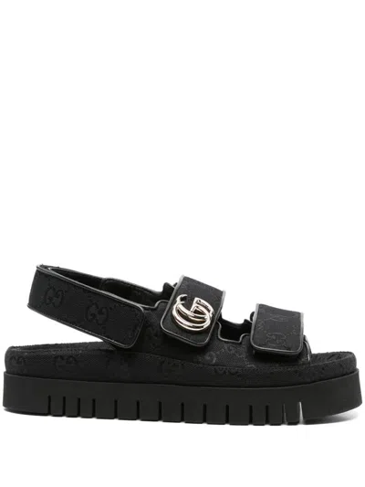 Gucci Black Gg Fabric Sandals With Double G Women In Black