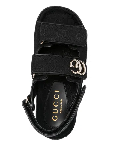 Gucci Black Gg Fabric Sandals With Double G Women In Black
